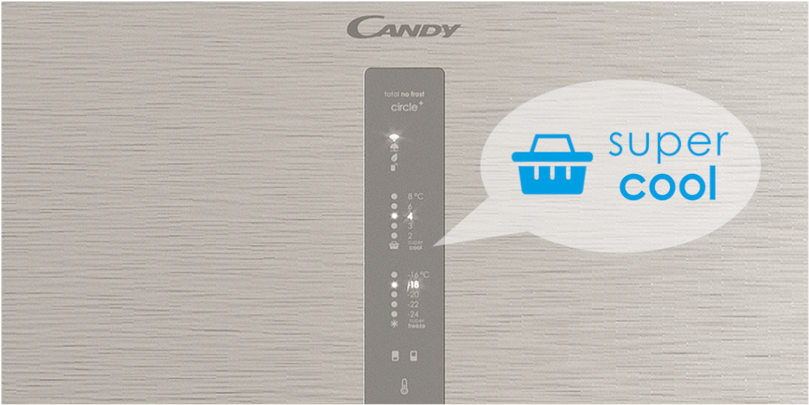 Απεικονίζει έξυπνη οθόνη του ψυγειοκαταψύκτη CCE7T620DS Fresco Candy.